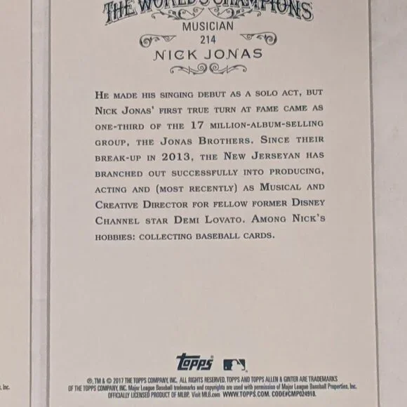 NICK JONAS Brothers 2017 Topps Allen & Ginter X Black Border Parallel #214 Cards - Picture 7 of 12